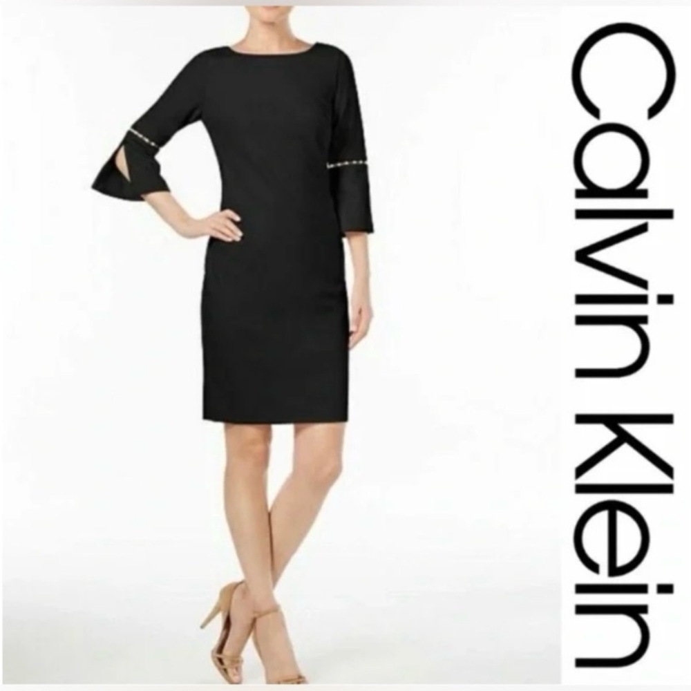 Calvin Klein Black Pearl Bell Sleeves Sheath Dress Size 2/4 Size S/M NWOT